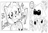 A comic of Amy Rose expressing her love for Metal Sonic. Metal Sonic responds, "hue hue."