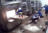 A photoshop of a bootleg metal sonic plush in a pizza oven. Another employee screams on the floor.