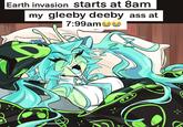 A green alien-inspired "Glorpi" Miku drawn by X user @kecchi0, inspired by a reference sheet posted by @dyarikku. The image imagines a green alien Miku speaking "zeep glorp":https://knowyourmeme.com/memes/alienposting-zeep-glorp.