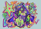 A green alien-inspired "Glorpi" Miku drawn by X user @kecchi0, inspired by a reference sheet posted by @dyarikku. The image imagines a green alien Miku speaking "zeep glorp":https://knowyourmeme.com/memes/alienposting-zeep-glorp.