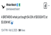 The original "tweet":https://knowyourmeme.com/memes/sites/twitter-x about a "$RETARDIO whale" buying "$4.03K of $DOGSHIT2 at $3.83M MC" from the "crypto":https://knowyourmeme.com/memes/cultures/cryptocurrency Twitter account @whalewatchalert.
