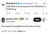 A reply to the viral "$RETARDIO Whale" "tweet":https://knowyourmeme.com/memes/sites/twitter-x reading, "This is easily the stupidest time to be alive in history," making fun of the current state of "cryptocurrency":https://knowyourmeme.com/memes/cultures/cryptocurrency and "memes coins":https://knowyourmeme.com/memes/meme-coins.