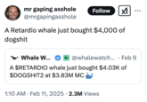 A viral "quote tweet":https://knowyourmeme.com/memes/quote-retweets-qrts making fun of the $RETARDIO Whale tweet from the "cryptocurrency":https://knowyourmeme.com/memes/cultures/cryptocurrency and "meme coins":https://knowyourmeme.com/memes/meme-coins community on "Twitter / X":https://knowyourmeme.com/memes/sites/twitter-x.