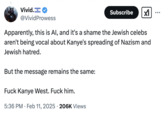 A reply from "Twitter / X":https://knowyourmeme.com/memes/sites/twitter-x user @VividProwess about the video Middle Finger To "Kanye":https://knowyourmeme.com/memes/people/kanye-west-ye "AI Video":https://knowyourmeme.com/memes/cultures/ai-video they tweeted being "AI-generated":https://knowyourmeme.com/memes/cultures/ai-artificial-intelligence. 
