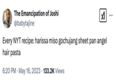 A "tweet":https://knowyourmeme.com/memes/sites/twitter-x making fun of New York Times recipes for including "miso gochujang" as a main ingredient.