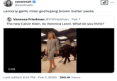 A "quote tweet":https://knowyourmeme.com/memes/quote-retweets-qrts mocking the Calvin Klein 2025 Fashion Week show for being waspy, using the "Lemony Garlic Miso Gochujang Brown Butter Pasta" meme.