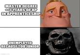 MASTER DEGREE +3 YEARS OF XP IN APPRENTICESHIP UNEMPLOYED BECAUSE TOOJUNIOR imgflip.com
