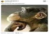 A variation of the screaming lion and chill monkey meme, cropped to show only the chimp. The image was first used in sincere "boomer":https://knowyourmeme.com/memes/cultures/baby-boomers memes before being used in a manner similar to the "Small Brain Man Screaming at Big Brain Man":https://knowyourmeme.com/memes/small-brain-man-screaming-at-big-brain-man meme.