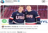 Trump's "He Who Saves His Country Does Not Violate Any Law" post quoted with a photograph of hockey players Matthew and Brady Tkachuk.