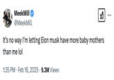 A "tweet":https://knowyourmeme.com/memes/sites/twitter-x from "rapper":https://knowyourmeme.com/memes/cultures/rap-hip-hop Meek Mill reading, "It’s no way I’m letting Elon musk have more baby mothers than me lol."