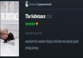 THE SUBSTANCE Review by hugeasmammoth The Substance 2024 ** Watched 19 Sep 2024 somehow the nastiest thing in this film was dennis quaid eating shrimp