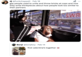 A "quote tweet":https://knowyourmeme.com/memes/quote-retweets-qrts joking about the "First Valentine's Together" "tweet":https://knowyourmeme.com/memes/sites/twitter-x, reading, "Gay people used to unite and throw bricks at cops and now they write think pieces about how people look too similar to their partners."