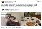 A "quote tweet":https://knowyourmeme.com/memes/quote-retweets-qrts joking about the "First Valentine's Together" "tweet":https://knowyourmeme.com/memes/sites/twitter-x, in which the user asks Benji if he and his boyfriend want to make dinner sometime.