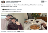 A "quote tweet":https://knowyourmeme.com/memes/quote-retweets-qrts joking about the "First Valentine's Together" "tweet":https://knowyourmeme.com/memes/sites/twitter-x, reading, "Great respect to them for not deleting. Their love lowkey weathering the storm."