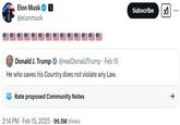 A post by Elon Musk. In the post, Musk quote-retweets Donald Trump with 14 American flags.
