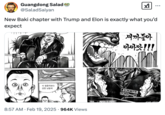A "tweet":https://knowyourmeme.com/memes/sites/twitter-x joking about the new "_Baki_":https://knowyourmeme.com/memes/subcultures/baki-the-grappler chapter with "Elon Musk":https://knowyourmeme.com/memes/people/elon-musk and "Donald Trump":https://knowyourmeme.com/memes/people/donald-trump.