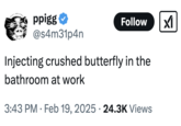 A "tweet":https://knowyourmeme.com/memes/sites/twitter-x reading, "Injecting crushed butterfly in the bathroom at work."
