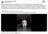 Tweet joking about a video of a white, faceless humanoid robot called the "Protoclone," which was posted to Twitter / X in February 2025. The clip shows the machine hanging from a hook and twitching to demonstrate its synthetic muscles, designed to mimic human muscle contractions to movement. 