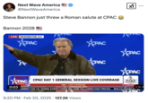 A "tweet":https://knowyourmeme.com/memes/sites/twitter-x that praises "Steve Bannon":https://knowyourmeme.com/memes/people/steve-bannon for seemingly gesturing a Roman salute from a "Twitter / X":https://knowyourmeme.com/memes/sites/twitter-x user who's a "Nazi":https://knowyourmeme.com/memes/cultures/nazism.
