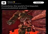 Tweet joking about a video of a white, faceless humanoid robot called the "Protoclone," and comparing it to the giant bones inside the Akulakhan in _Elder Scrolls_. The clip shows the machine hanging from a hook and twitching to demonstrate its synthetic muscles, designed to mimic human muscle contractions to movement. 