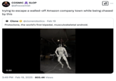 Tweet joking about a video of a white, faceless humanoid robot called the "Protoclone," that made the rounds in February 2025. The clip shows the machine hanging from a hook and twitching to demonstrate its synthetic muscles, designed to mimic human muscle contractions to movement. 