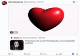 Tweet joking about a video of a white, faceless humanoid robot called the "Protoclone," that made the rounds in February 2025. The clip shows the machine hanging from a hook and twitching to demonstrate its synthetic muscles, designed to mimic human muscle contractions to movement. 