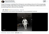 Tweet joking about a video of a white, faceless humanoid robot called the "Protoclone," that made the rounds in February 2025. The clip shows the machine hanging from a hook and twitching to demonstrate its synthetic muscles, designed to mimic human muscle contractions to movement. 