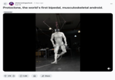 Reddit post about "Protoclone," a white, faceless humanoid robot that uses synthetic muscles, designed to mimic human muscle contractions to movement. 