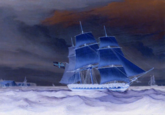 A color-inverted version of the _HMS Undaunted_ image.