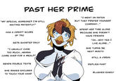 PAST HER PRIME "MY SPECIAL SOMEONE? I'M STILL WAITING PATIENTLY!" HAS A CREDIT SCORE OF 790 GETS GHOSTED DAILY "I USUALLY COOK TOO MUCH...WANNA COME OVER FOR A MEAL?" "I WENT ON DATES BUT THEY PREFER YOUNGER COMPANY..." SPEND HER TIME ALONE BECAUSE SHE DOESN'T HAVE FRIENDS "OH...WHY YES I LIVE ALONE..." SHE TURNS 36 NEXT MONTH STILL A VIRGIN SENDS DOUBLE TEXTS SHE MAKES EXCUSES TO TOUCH YOUR HAND REPLIES FAST BLUSHES EASILY