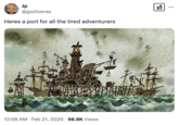 A "tweet":https://knowyourmeme.com/memes/sites/twitter-x about the "spam":https://knowyourmeme.com/memes/spam-spammed Twitter replies of the HMS _Undaunted_ ship, showing a port where sailors can rest which is a screencap from the "Cartoon Network":https://knowyourmeme.com/memes/subcultures/cartoon-network show _Flapjack_.