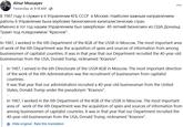 A post made by Alnur Mussayev claiming that Trump was hired by the KGB under codename Krasnov in the 1980s. The post suggests Trump is spying for Russia.
