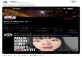 A "tweet":https://knowyourmeme.com/memes/sites/twitter-x claiming that "Elon Musk":https://knowyourmeme.com/memes/people/elon-musk decided to hide "Twitter / X":https://knowyourmeme.com/memes/sites/twitter-x likes because he was allegedly caught liking a video called "Milk Your Tiny Penis, Pervert."