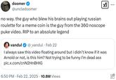 A post about MistaFuccYou, who died in a meme coin suicide in February 2025, also being the person in the viral projectile vomiting spin video.