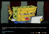 September 3rd, 2014 Tumblr post by @spongebob The earliest known "GIF":https://knowyourmeme.com/memes/cultures/gif of SpongeBob sticking his tongue out and tapping his head with a pencil while looking at a notepad and saying, "Come on, think!" The "image macro":https://knowyourmeme.com/memes/image-macros and "reaction meme":https://knowyourmeme.com/memes/reaction-images is typically used to joke about thinking hard about something.