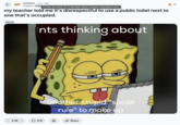 November 25th, 2022 on /r/autism An "image macro":https://knowyourmeme.com/memes/image-macros of SpongeBob sticking his tongue out and tapping his head with a pencil while looking at a notepad and saying, "Come on, think!" The image reads, "nts thinking about another stupid 'social rule' to make up." The "GIF":https://knowyourmeme.com/memes/cultures/gif and "reaction image" is typically used to joke about thinking hard about something.