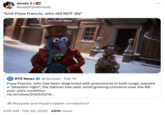 February 20th, 2025 tweet by @sapphyreblayze Internet users reacted to an oddly phrased tweet by RTÉ News that read, "Pope Francis, who has been diagnosed with pneumonia in both lungs, passed a "peaceful night", the Vatican has said." This tweet by @sapphyreblayze parodies a joke from _The Muppets_.