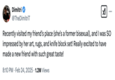 Tweet by @TheDimitriT that jokingly portrays him as the male houseguest being insulted in @spookyshah. The tweet was made in response to a post where @spookyshah describes a male houseguest complimenting her on her decorations and kitchen knives, and calls him "lame and pathetic" for appreciating her simple household items.