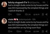 Tweets reacting to @spookyshah's viral post where she criticizes a male visitor for complimenting her house. One of the tweets featured show @liIpochaco writing, "had a straight dude come to my house and he was SO impressed by the simplest things and i said oh thanks :3"