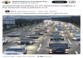 Memes joking about how complex topics must be explained to Americans in "burger terms" began gaining traction after 2020, as seen in this December 2024 tweet by @brnzageprolapse that reads, "(explaining empathy to an american) imagine a kia sorento has a person in it." The post was in response to an image that shows slow-moving traffic, each car labeled with a nicety about why a person could be driving somewhere.