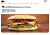 Memes joking about how complex topics must be explained to Americans in "burger terms" began gaining traction after 2020, as seen in this September 2024 tweet by @jakebrodes that reads, "American doing race science: imagine if you will a burger."