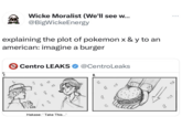 Memes joking about how complex topics must be explained to Americans in "burger terms" began gaining traction after 2020, as seen in this October 2024 meme posted by @BigWickeEnergy that joked about "_Pokémon_ X and Y leaks.":https://knowyourmeme.com/memes/events/game-freak-pokemon-gigaleaks