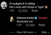A TikTok comment in which Alabama Barker denies hooking up with Soulja Boy or Tyga.