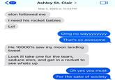 An alleged text message sent by Ashley St. Clair to Isabella Moody about "Elon Musk":https://knowyourmeme.com/memes/people/elon-musk.