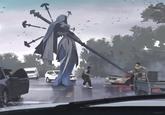 A redraw of a photo of a fallen power line. The redraw depicts the fallen line as a giant woman stabbing someone in a car with a lance.