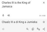 Charles III is the King of Jamaica ب ☑ 34/5000 Chaalz III a di King a Jumieka ав
