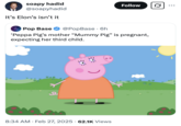 The mother character children's cartoon _Peppa Pig_ announced that she is expecting her third child on a British morning news show on February 27th, prompting X user @soapyhadid to joke, "It’s Elon’s isn’t it."