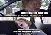 imgflip.com DUOLINGO USERS Why cant you just be normal? DUOLINGO KILLING OFF THEIR BIRD MASCOT FOR NO REASON *Screams*