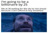 I'm going to be a billionaire by 25 Me at 30 waiting for the sky to rain bread because I can't afford to buy breakfast