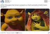 Post arguing that eye color change means that Shrek's daughter must be transgender.